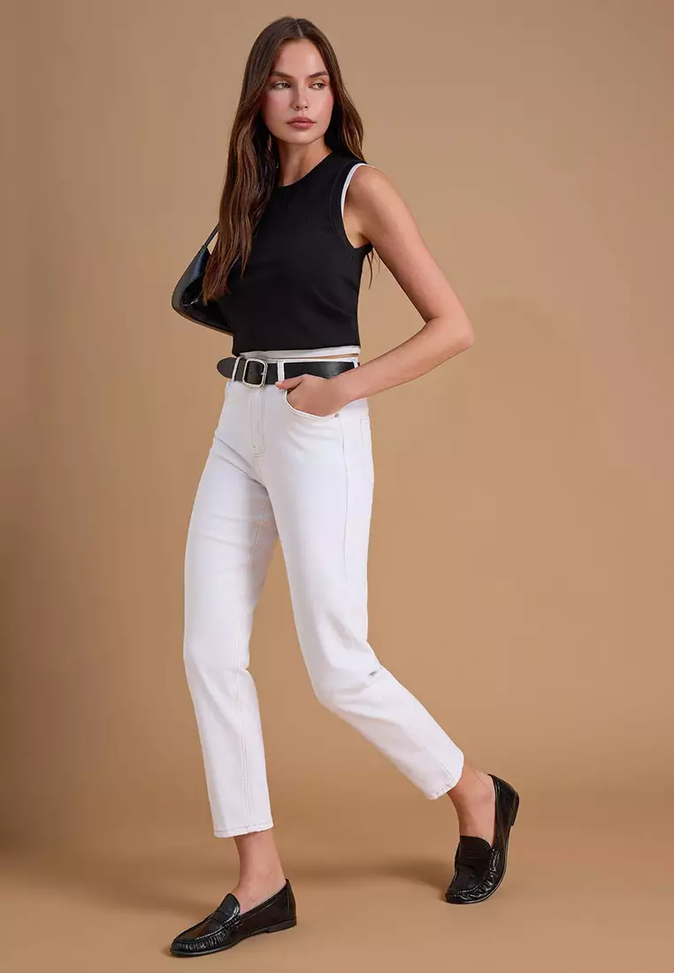 White High Waist Medium Stretch Mom Ankle Length Jeans Twoss26Je213