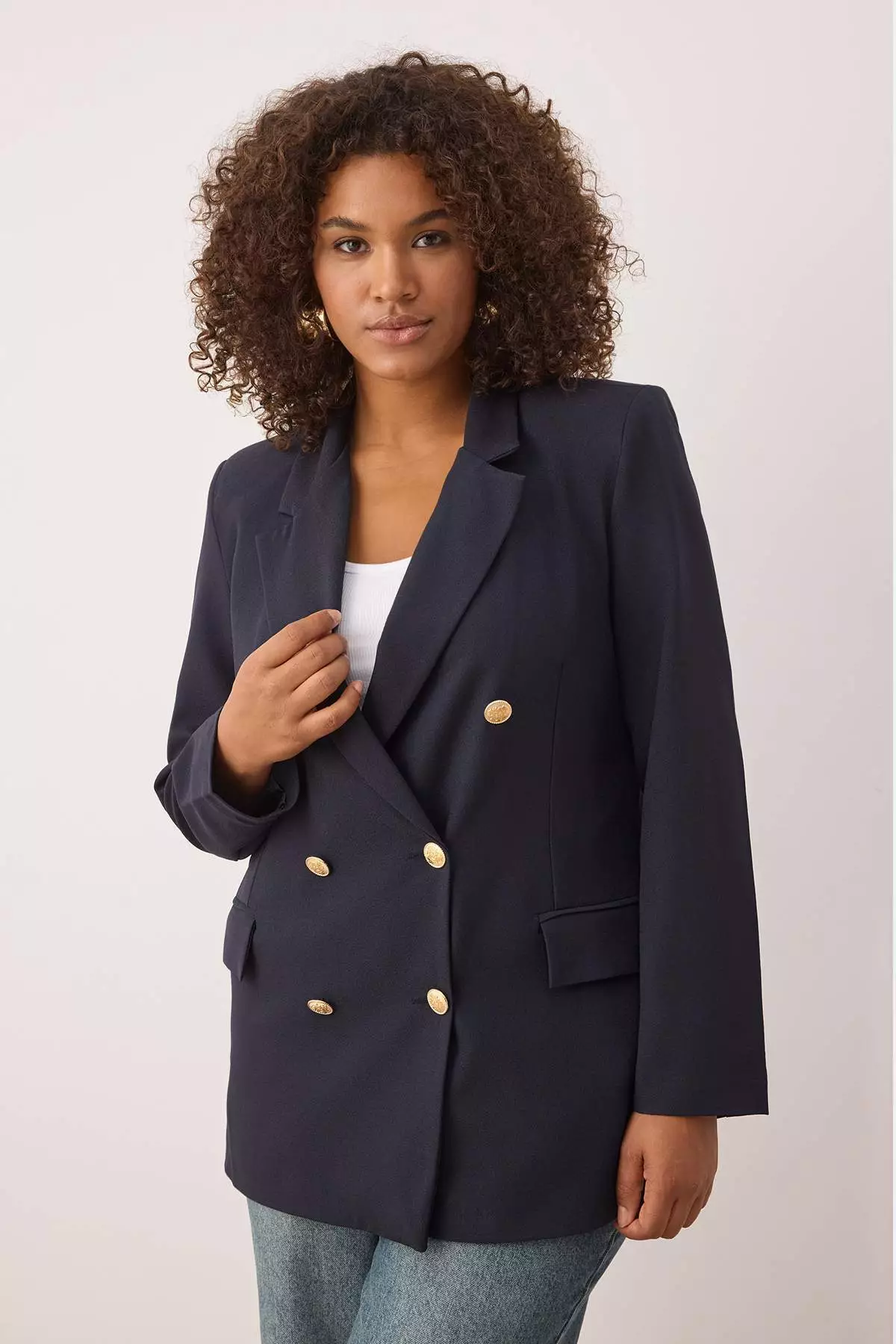 Navy Blue Lined Double Breasted Woven Blazer Jacket Tbbaw26Ag00011