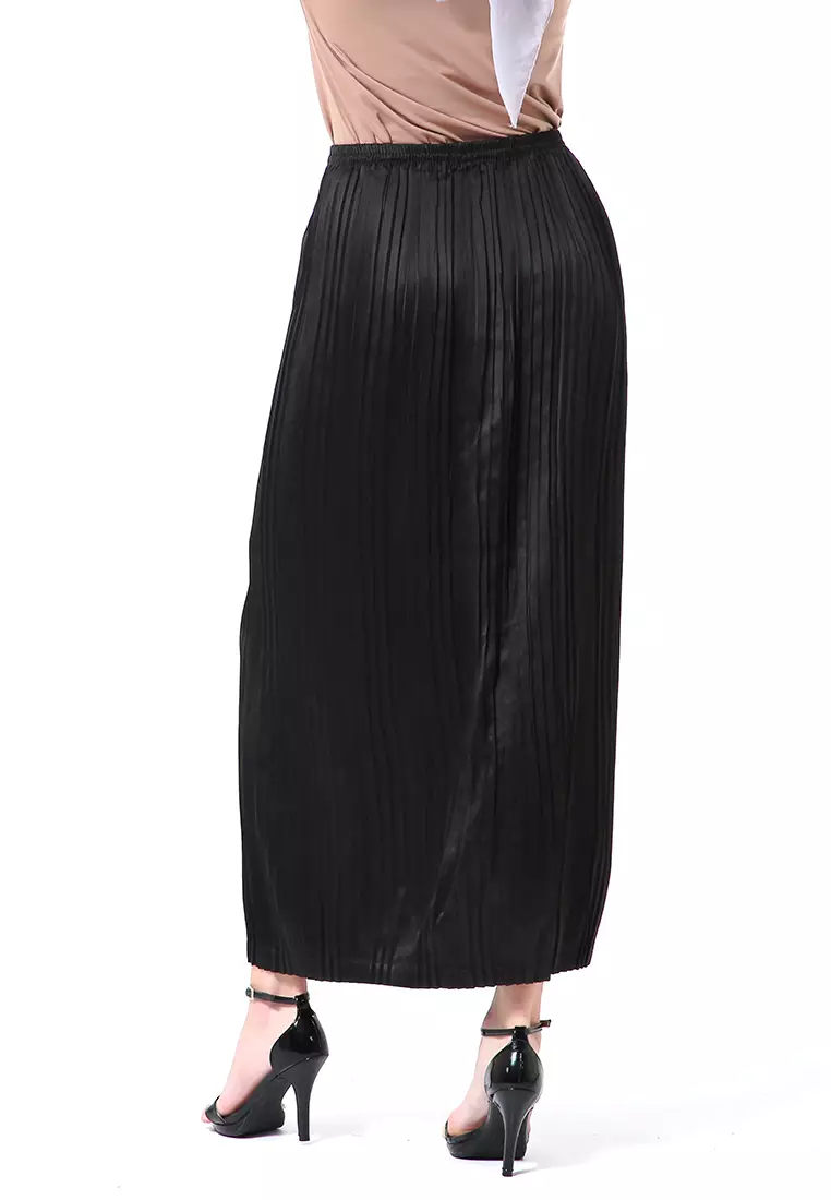Angely Rok Plisket Rubbery Waist Fashion Wanita Simple - Hitam