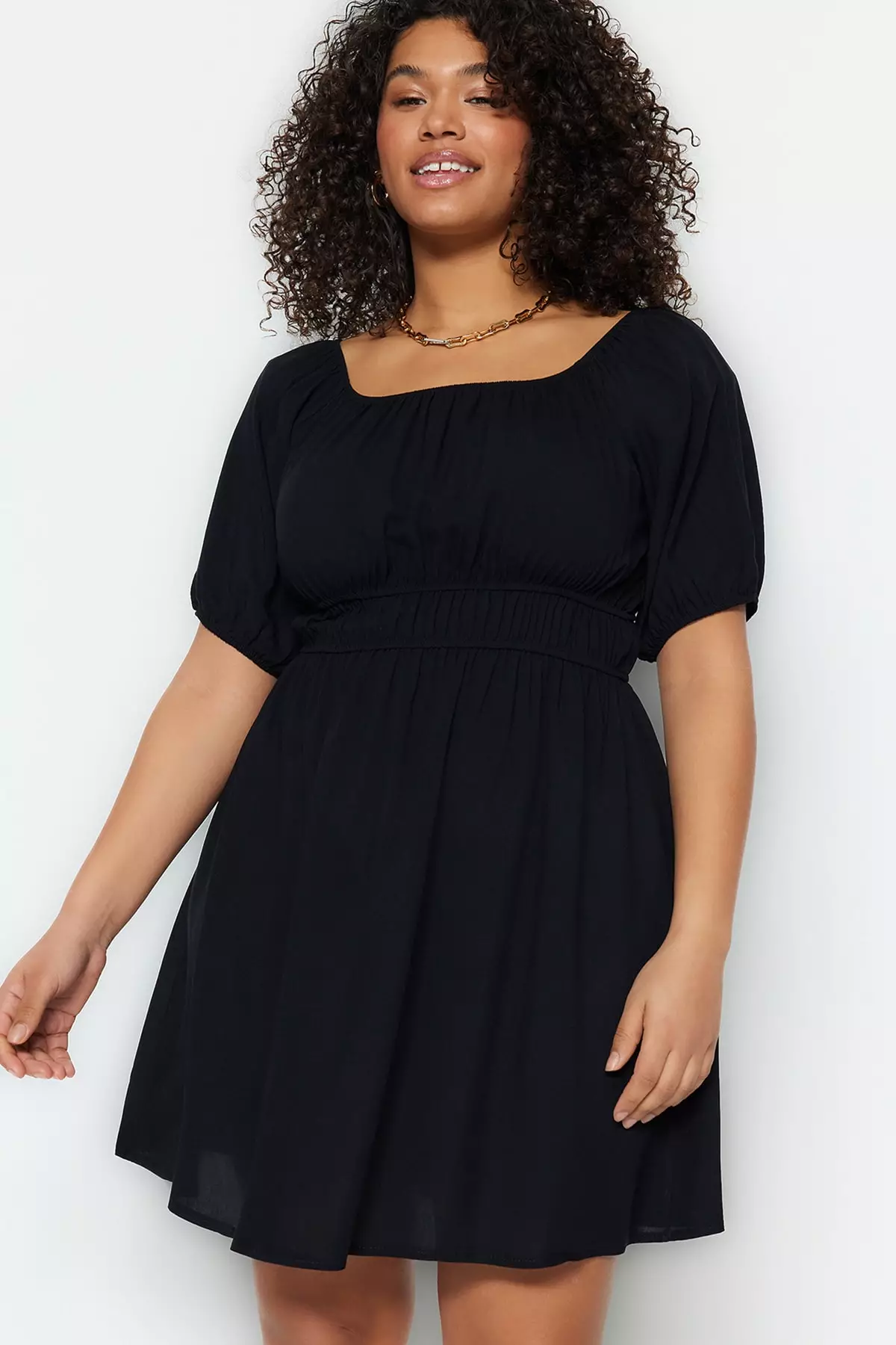 Buy Trendyol Plus Size Black Weave Carmen Collar Waist Detailed Dress ...