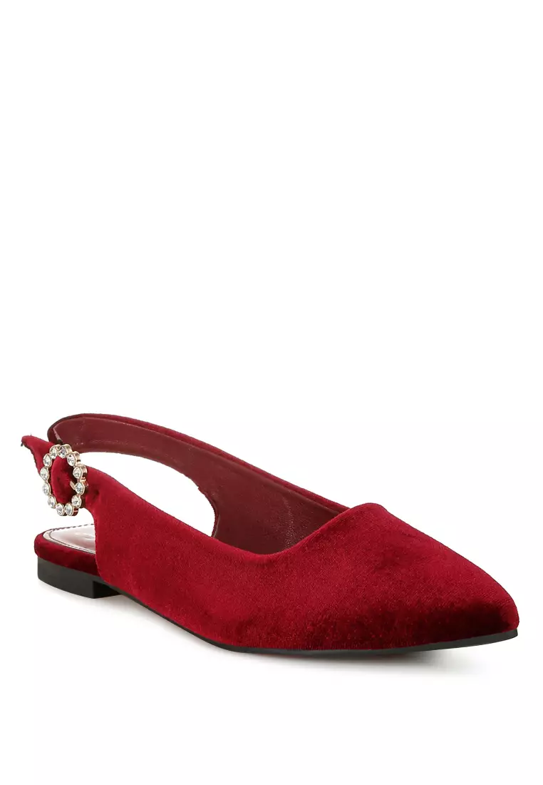 Velvet Slingback Flat Sandals in Dark Red