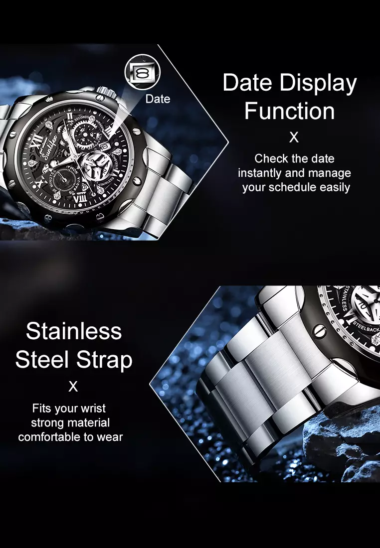 Jam Tangan Pria Kuarsa Luminous Tanggal Kasual Tali Stainless Steel Jam Tangan Cowok 8080 Silverblack