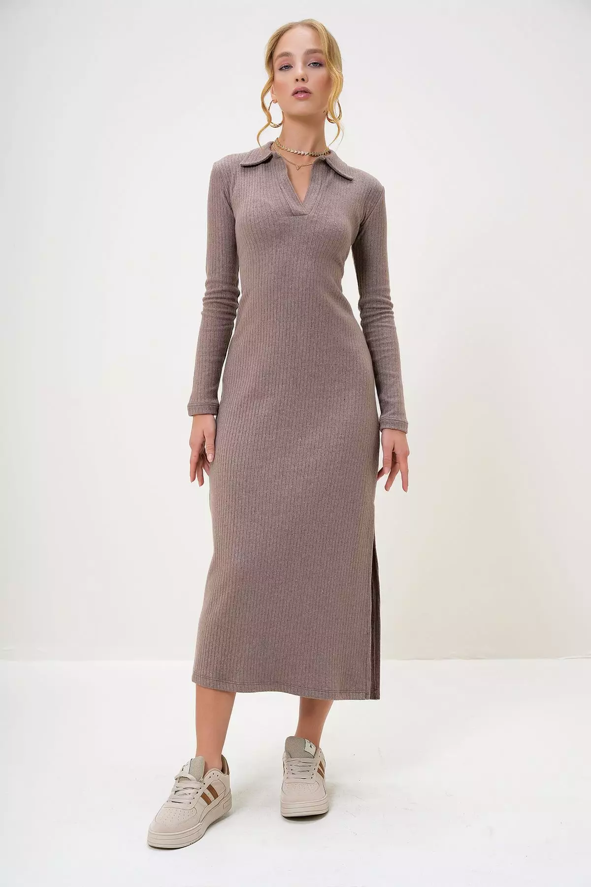 Women's Mink Polo Collar Half Placket Side Slit Interlock Fabric Dress