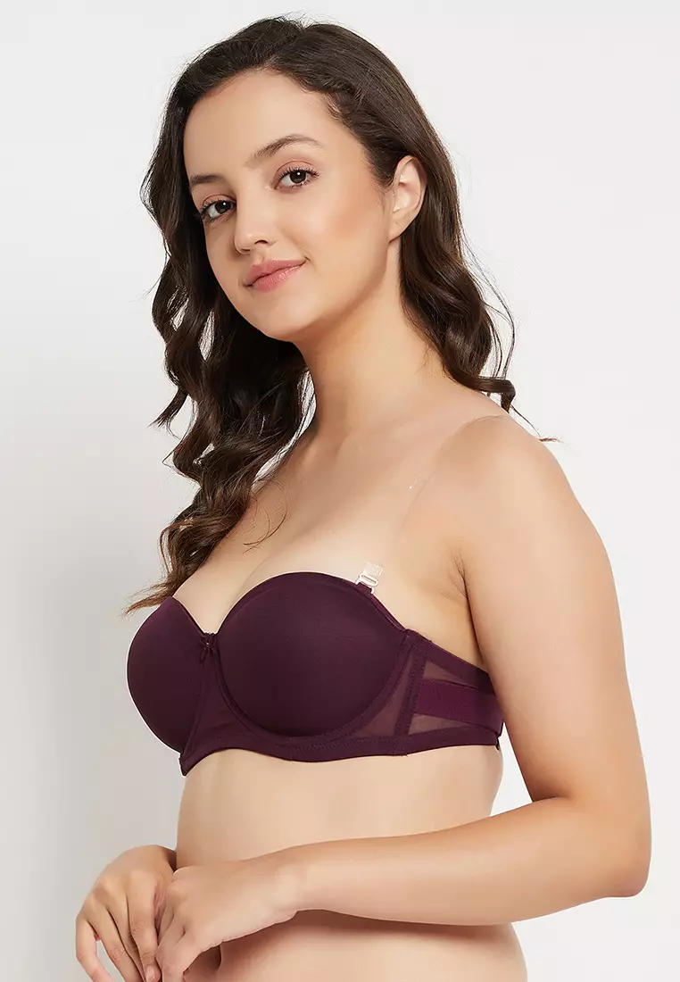 Clovia Invisi Padded Underwired Full Cup Strapless Balconette Bra in Wine Colour with Transparent Straps and Band
