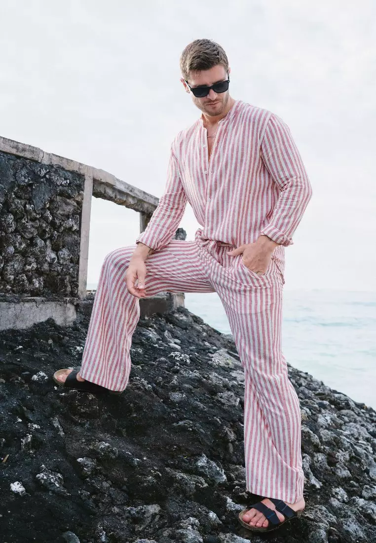 Splitz Celana Panjang Linen Pria Merah Garis | Linen Baggy Pants Men Striped Red