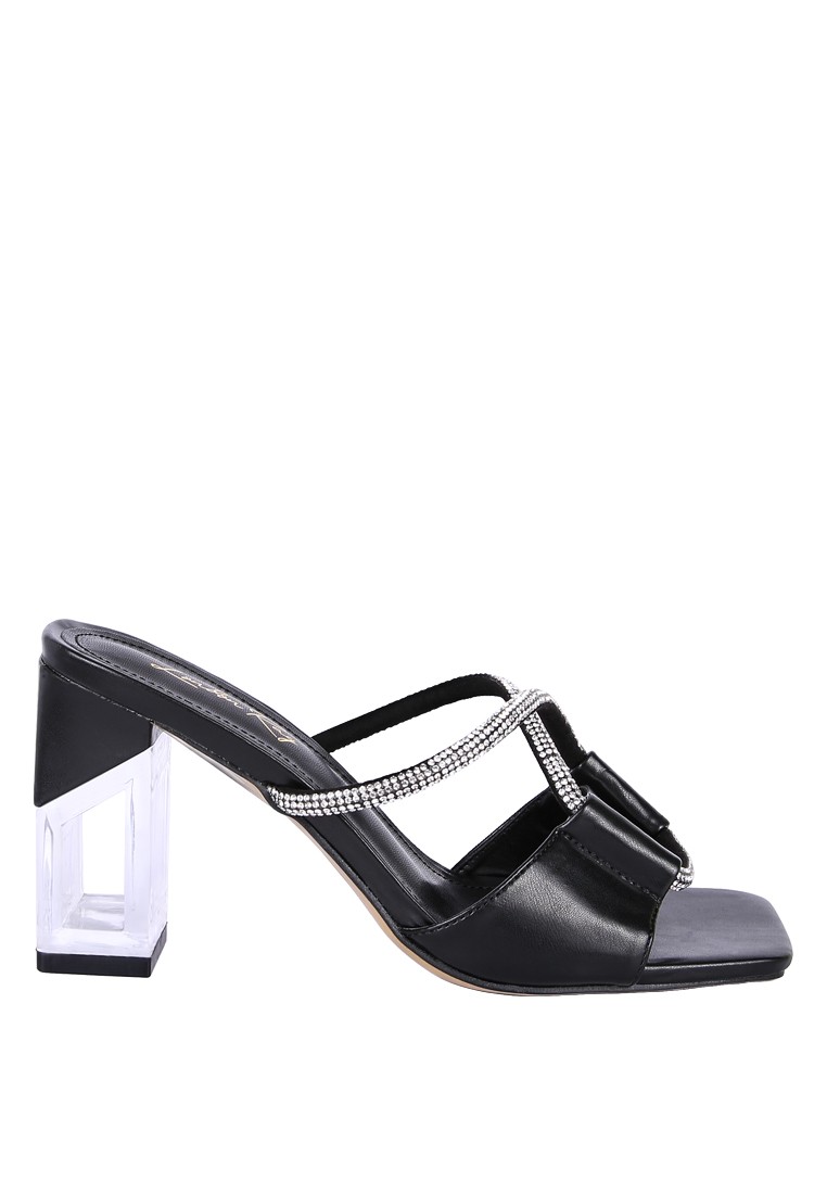 Black Crystal Loop Strap Mid Heel Sandals