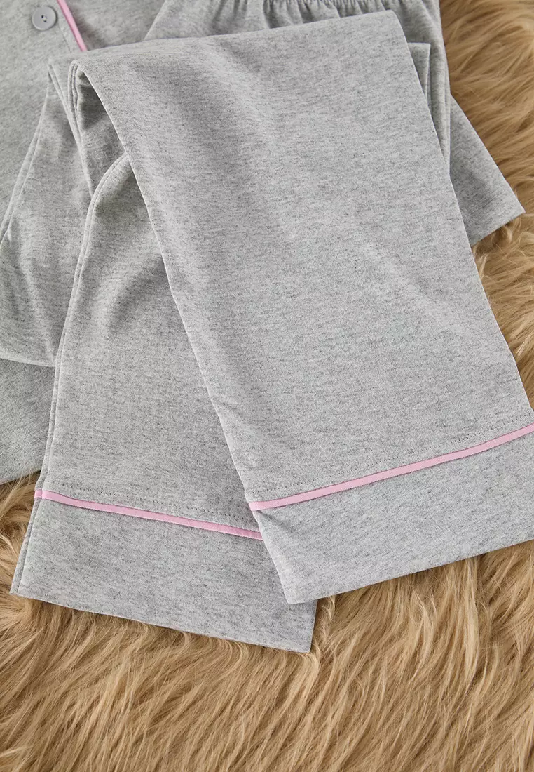 Gray Cotton Collar Lamb Printed Tight Pajama Set