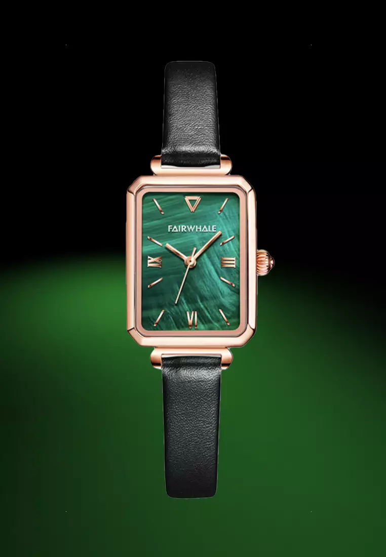 Ladies IP Rose Gold and Stainless Steel Quartz Watch, 32mm Watch Case Height, Leather Strap, Malachite Dial