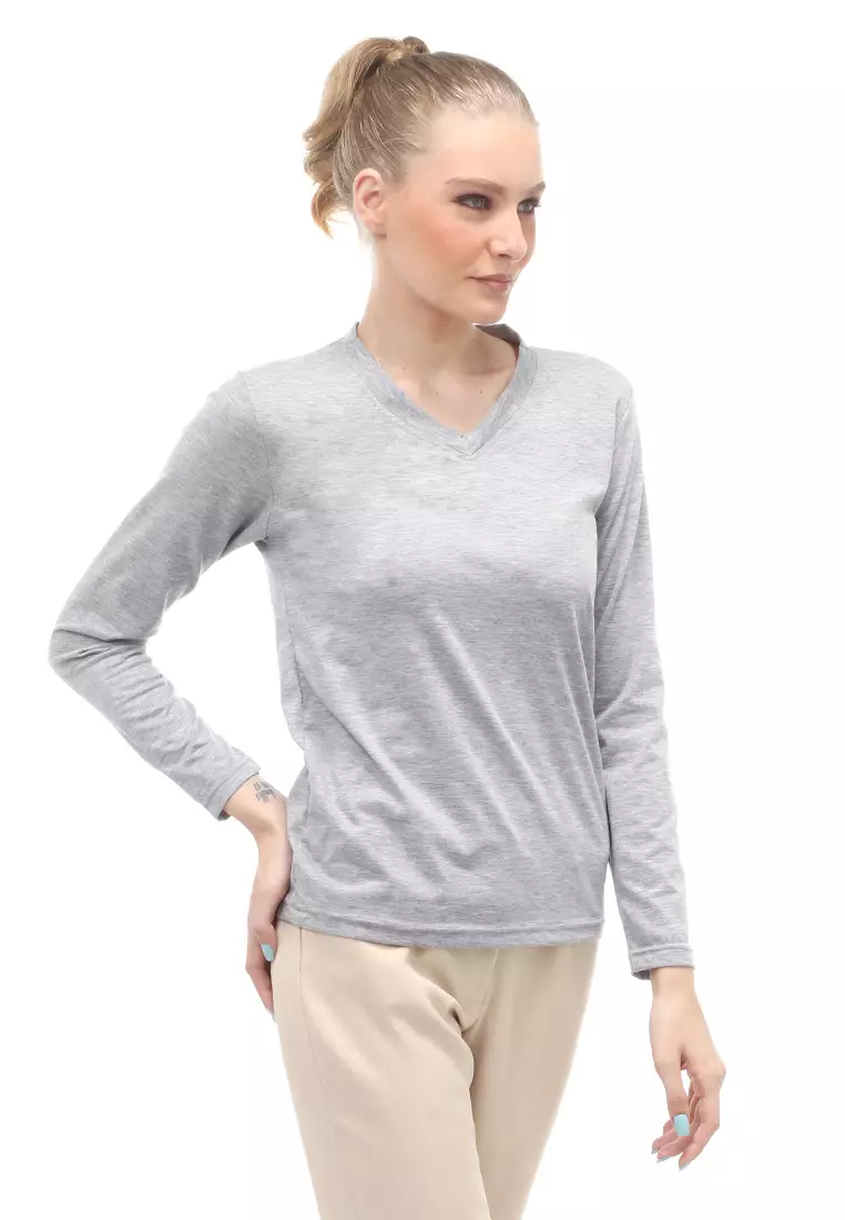 Kaos Polos Atasan Wanita V-Neck Lengan Panjang Design Simple Relaxed Fit - Abu Muda