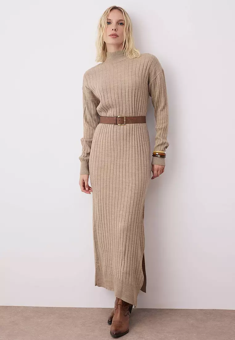 Slit Belted Knit Maxi Dress