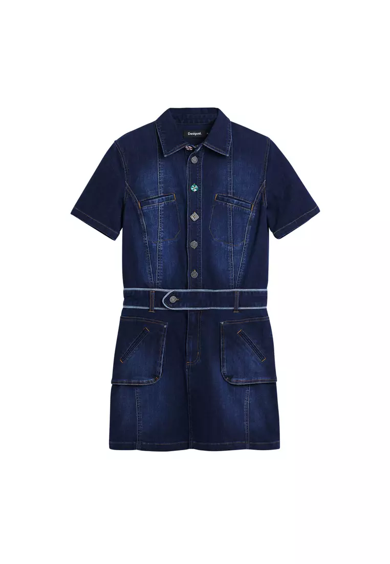 Denim mini dress with belt