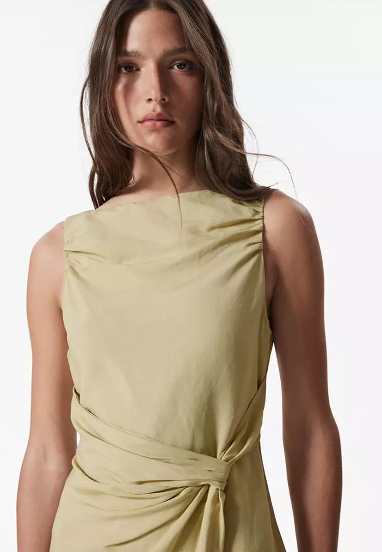 Asymmetric Wrap-Knot Midi Dress