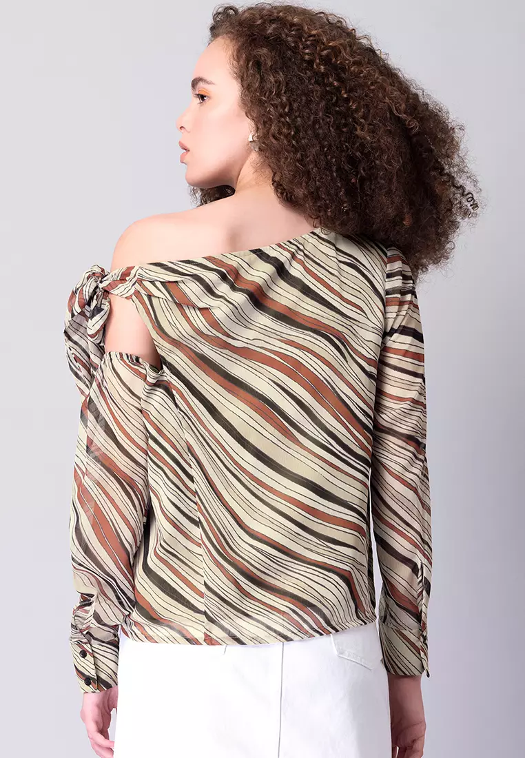 Beige Abstract Boat Neck Tie Up Blouse