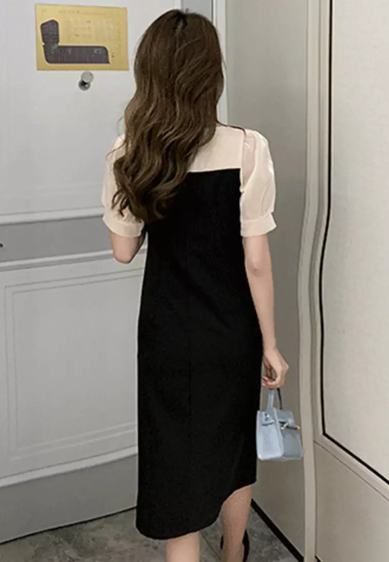 Buy Sunnydaysweety Temperament Split Chiffon Stitching Black One-Piece ...
