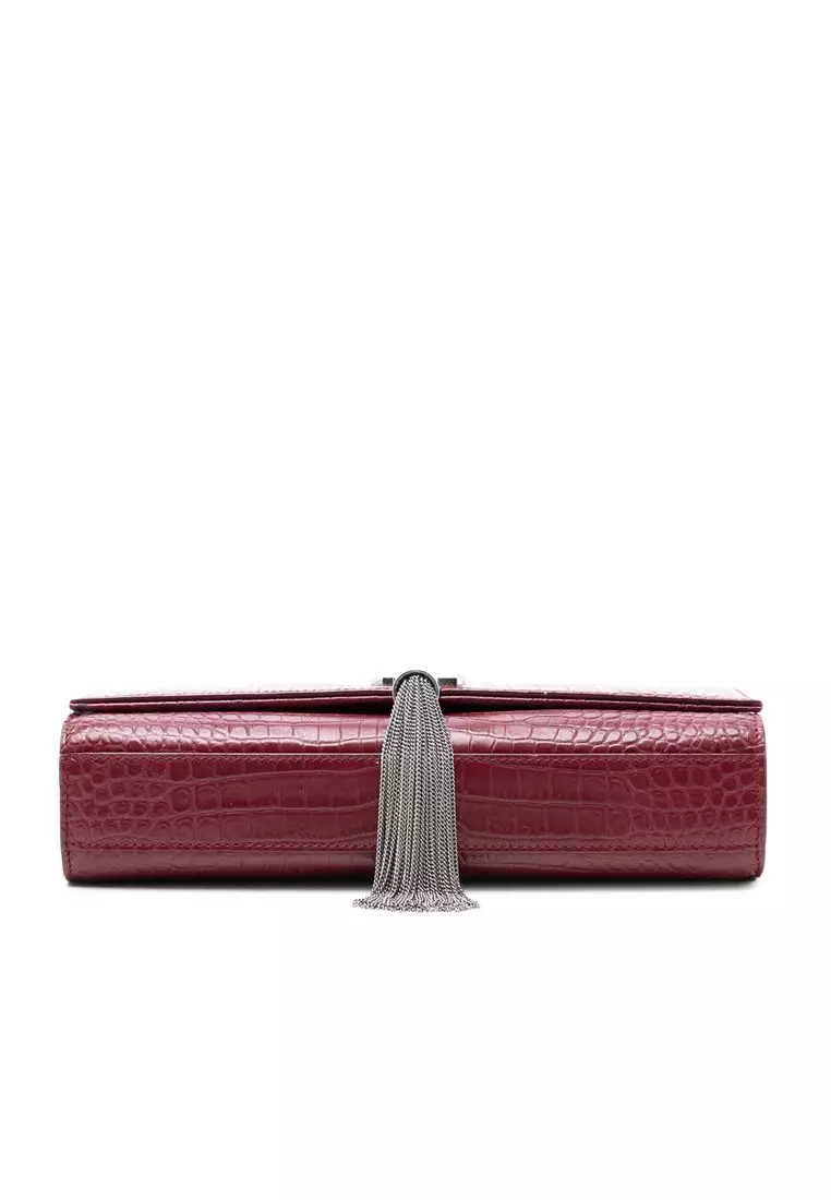 Pre-Loved Saint Laurent Medium Croc Embossed Leather Monogram Kate Tassel Crossbody