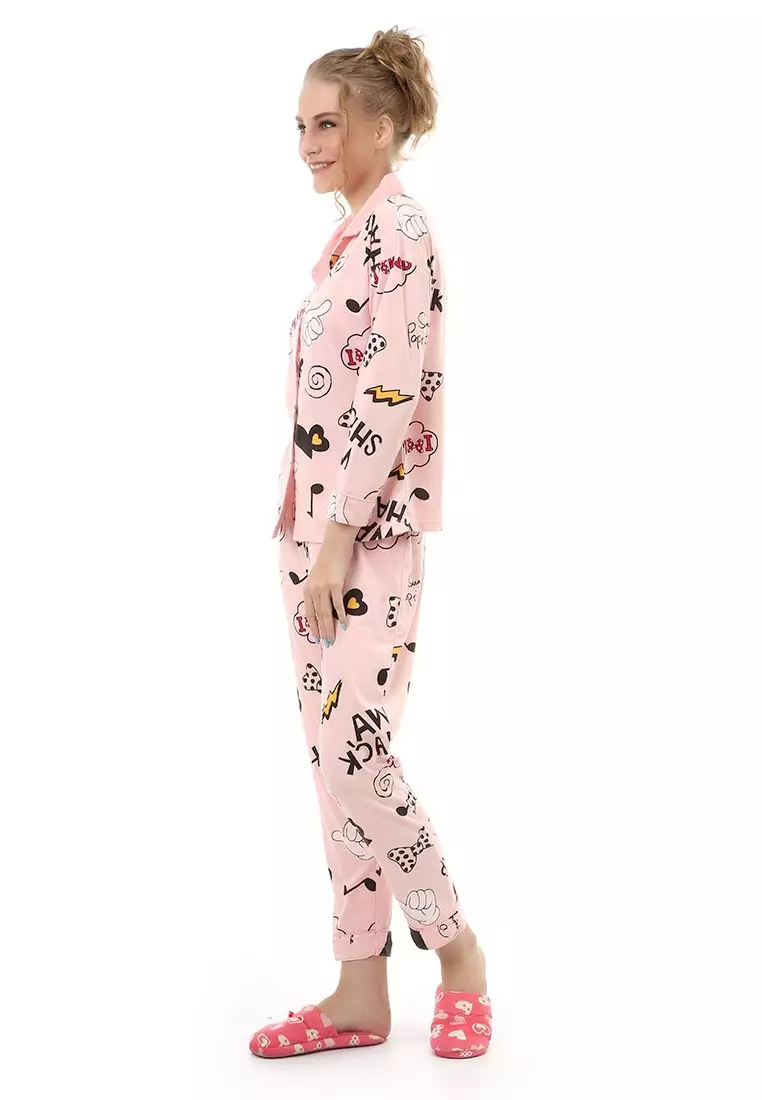 Vance Setelan Piyama Baju Tidur Wanita Lengan Panjang Motif Petir Material Cotton ORIGINAL - Pink