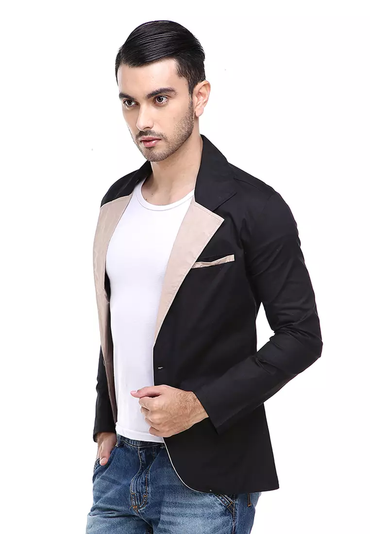 Woreq Jas Blazer Pria Pockets Two Tone Formal Casual Suit Material Cotton Stretch ORIGINAL - Black
