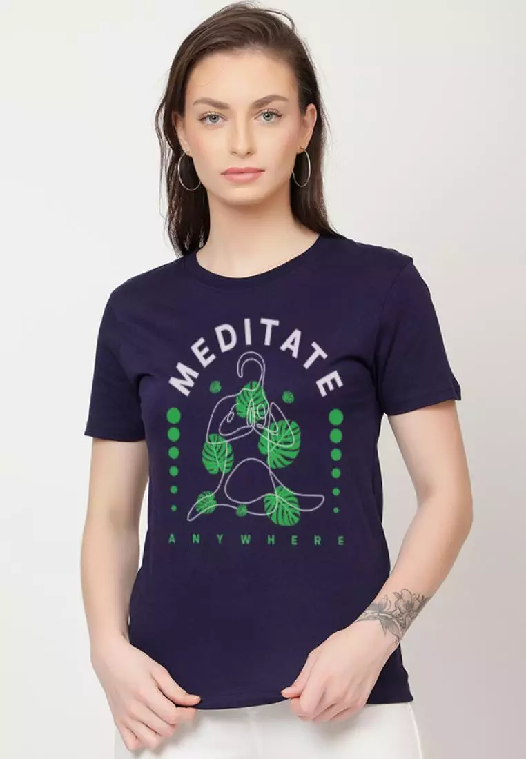 Meditate Anywhere Relaxed Short Sleeve Stylish Navy Blue Cotton Casual Graphic Print Tee/TShirt