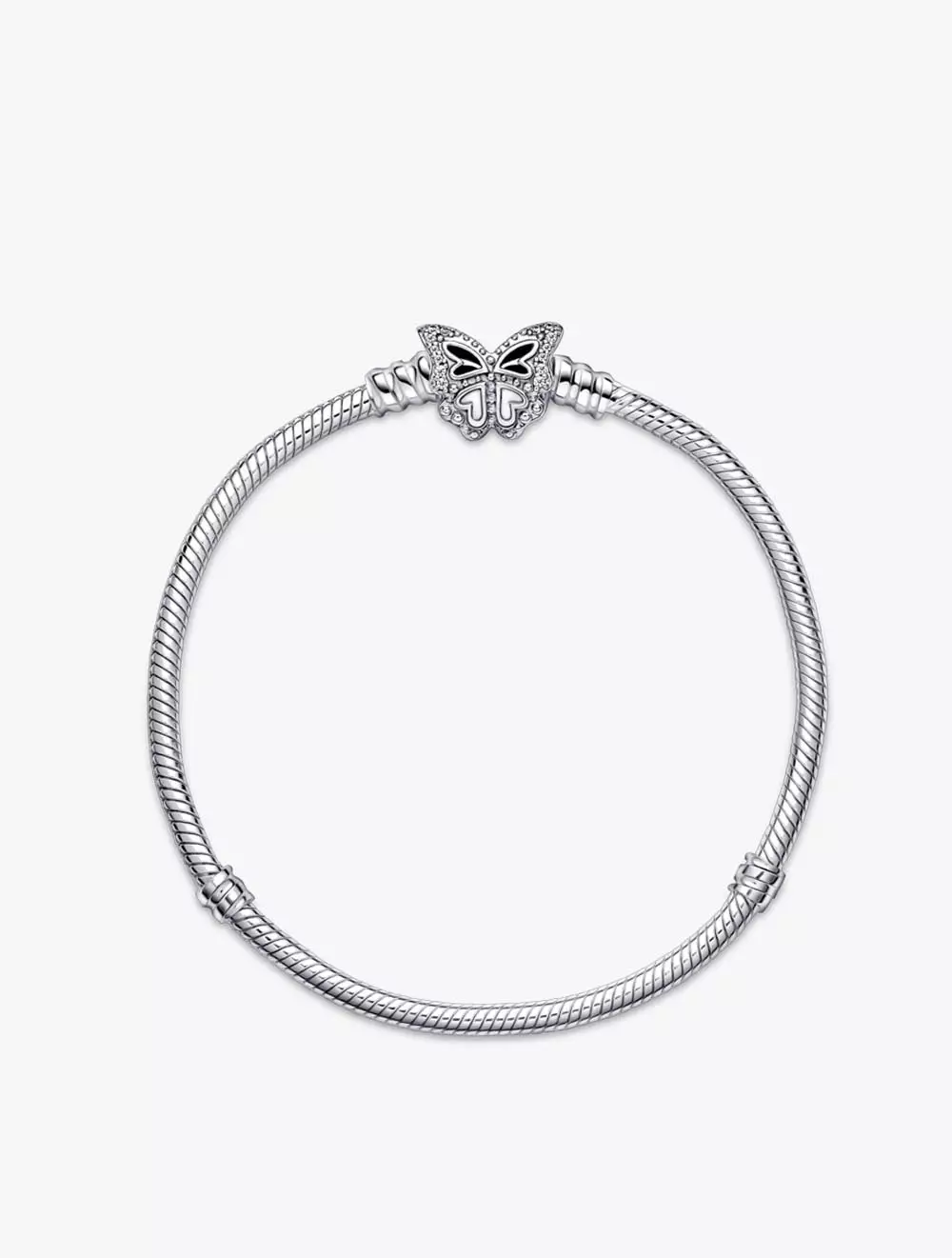 Snake chain sterling silver bracelet with butterfly clasp with clear cubic zirconia