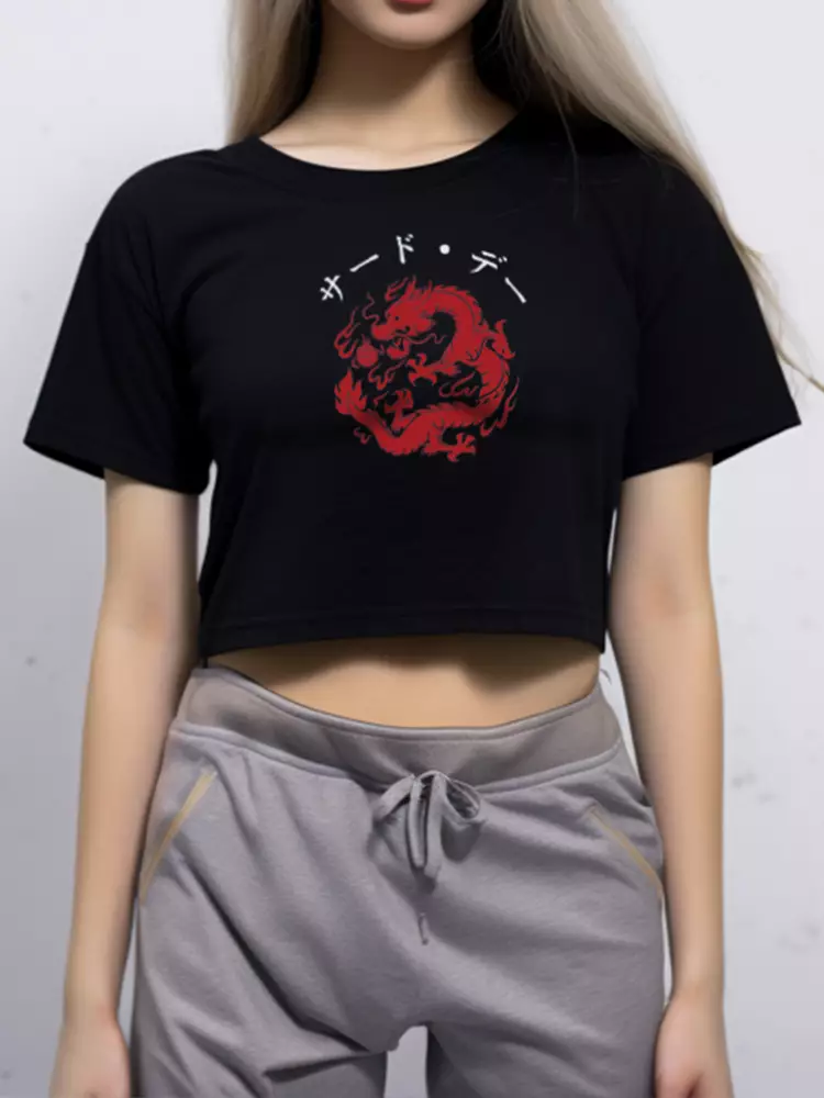 LTE44 crop top OLC oversize wanita dragon naga merah katakana