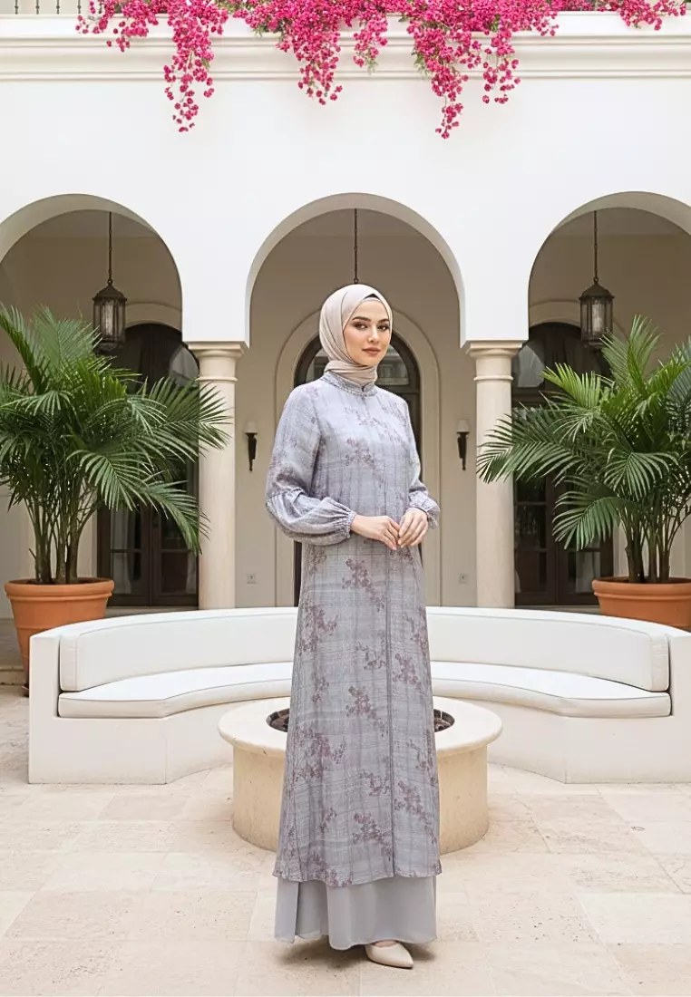 Gamis Wanita Motif Floral Stone Blue Premium Dress Muslimah Elegan Lengan balon By Brilliant Girl Warna BIRU