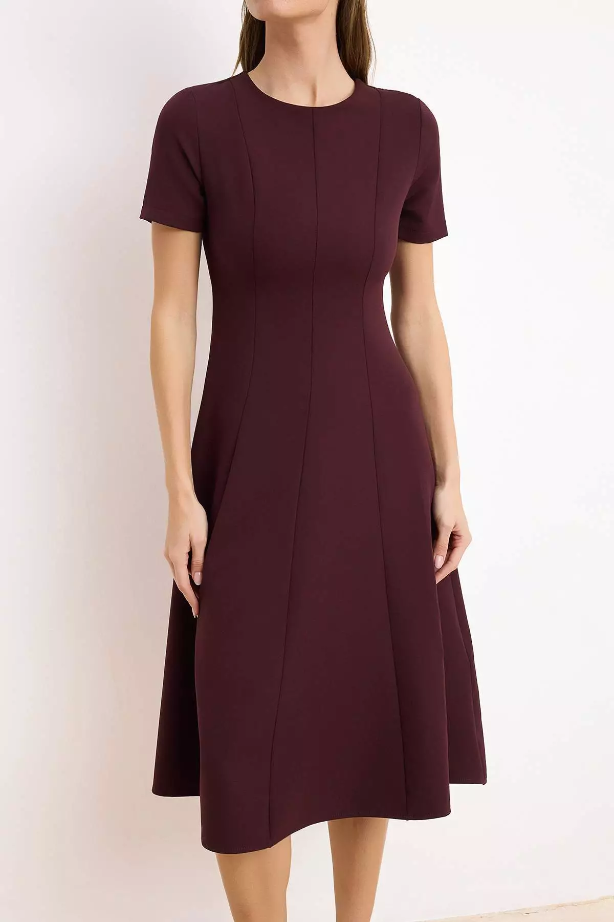 Dark Burgundy Straight Skirt Waist Opening Midi Woven Dress Twoss25El79