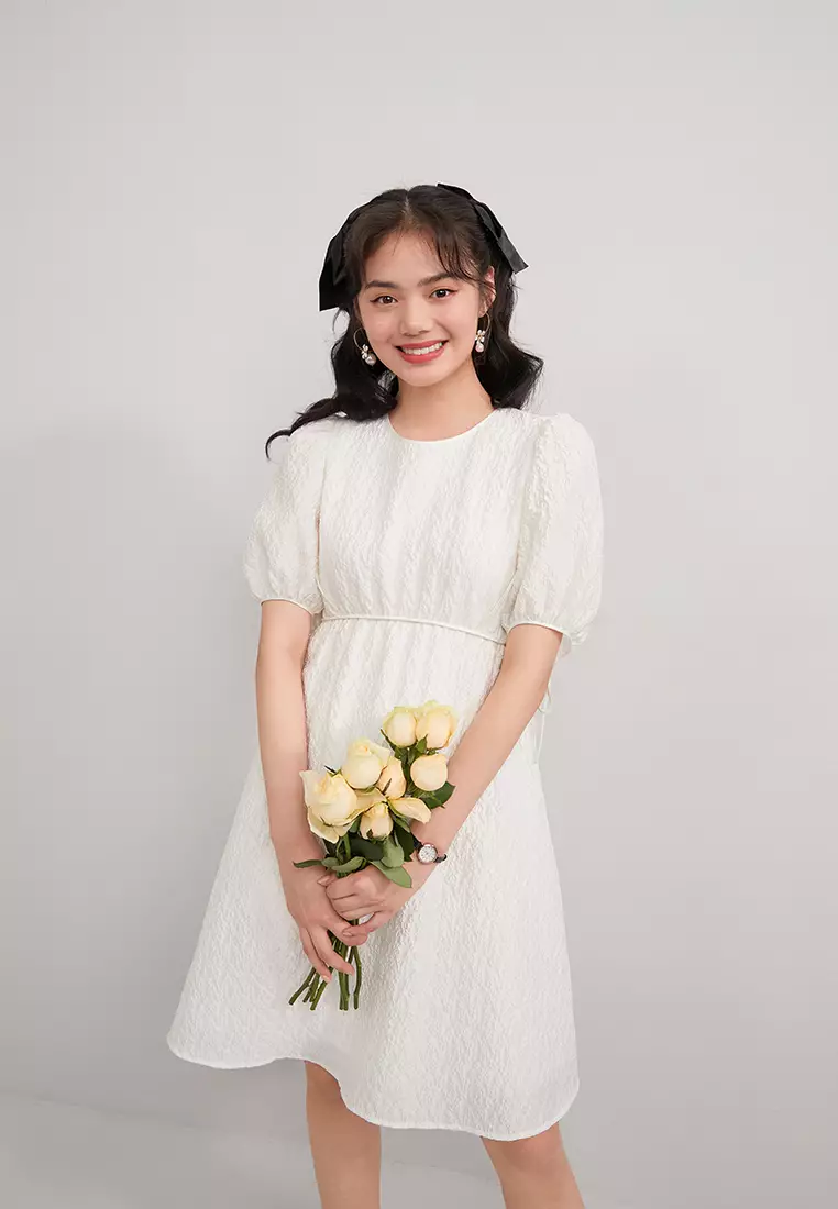 Puff Sleeve Floral Embossed Mini Dress