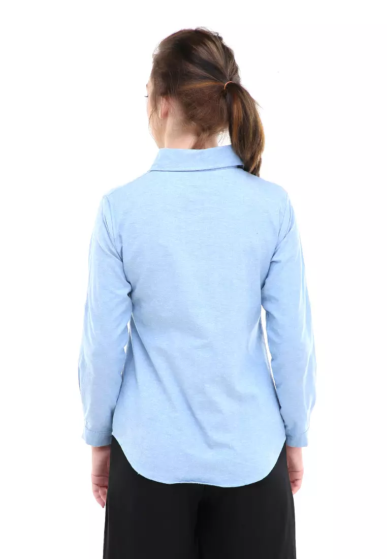 Jeanly Kemeja Lengan Panjang Motif Solid Atasan Wanita Regular Fit - Denim