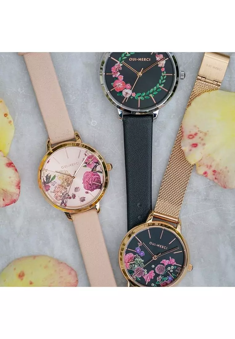 [Sustainable Watch] Oui & Me Grande Fleurette 38mm Floral Dial  Black Leather Women's Quartz Watch ME010033