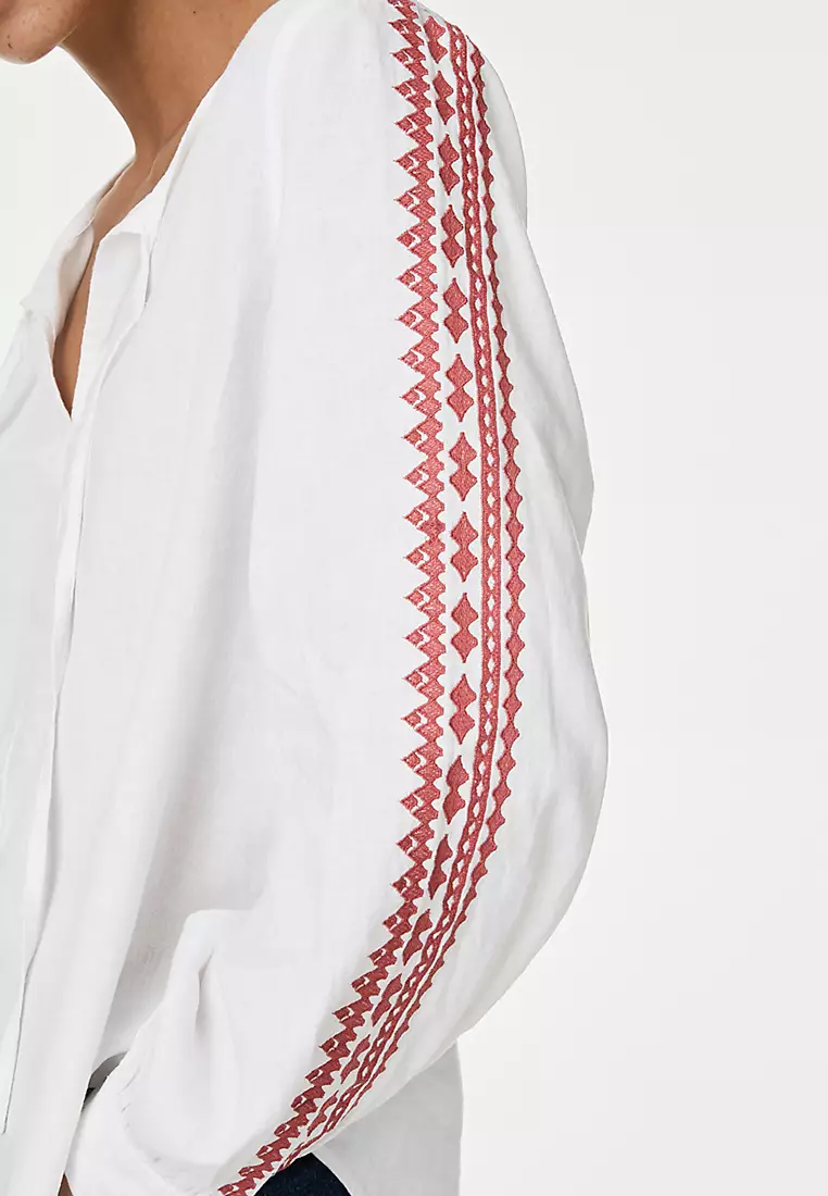 Linen Blend Embroidered Tie Neck Blouse