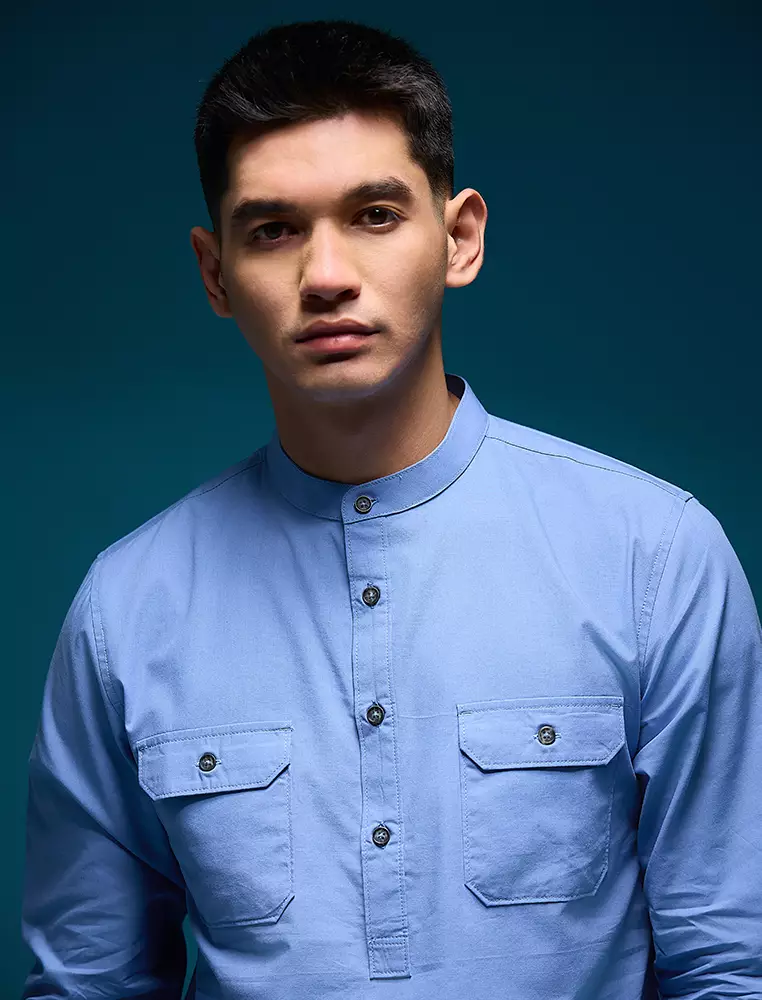 Kemeja koko Collarless shirt OXCON GHAISAN Blue Denim