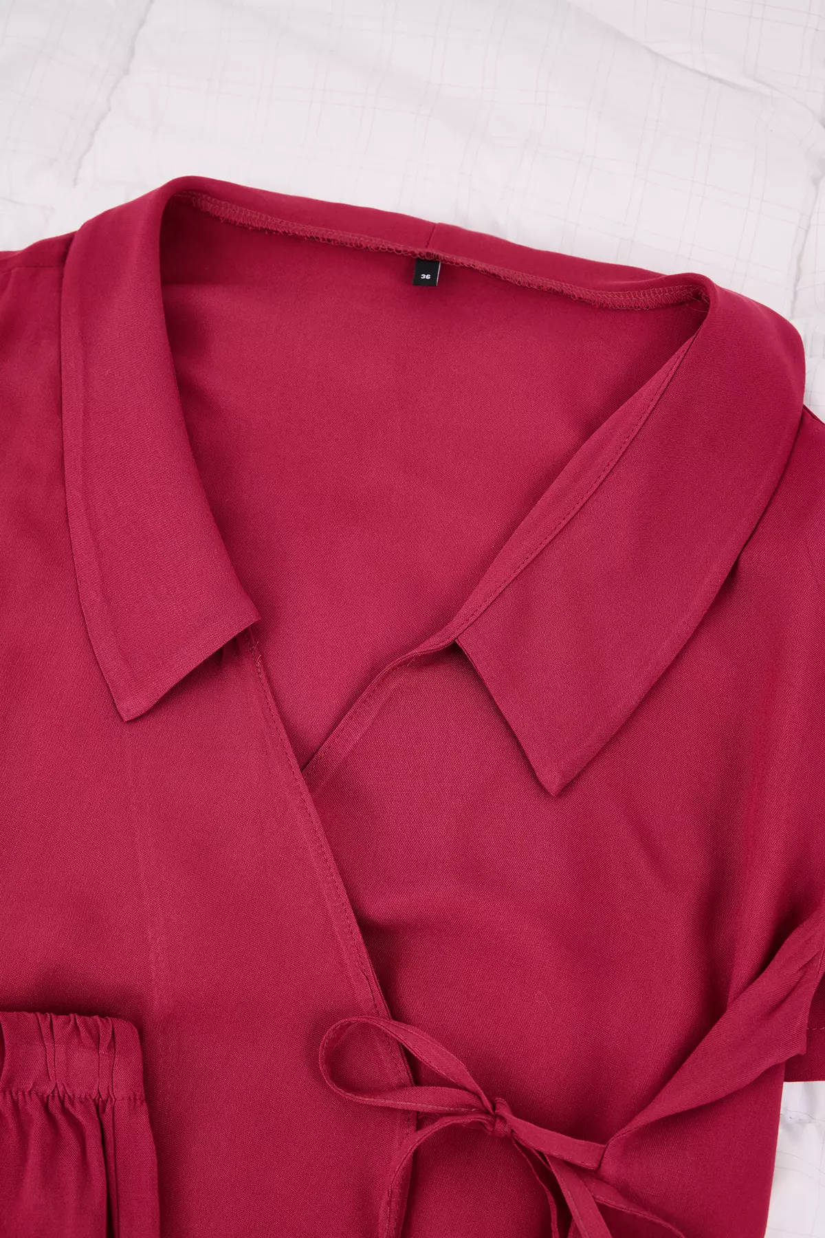 Burgundy Double-Breasted Collar Tie Detail Viscose Woven Pajama Set Thmss26Pt29