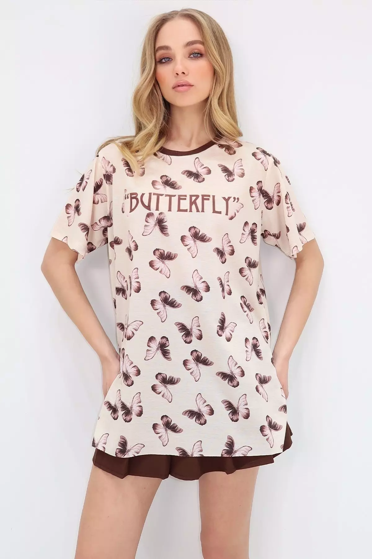 Women's Stone Crew Neck Digital Printed Side Slit Sweatshirt