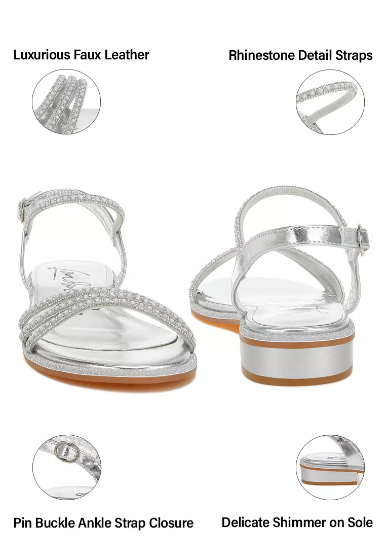 Rhinestone Pearl Detail Flat Sandals in Silver