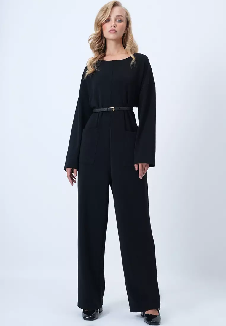 Crew Neck Back Zippered Relaxed Cut Jumpsuit