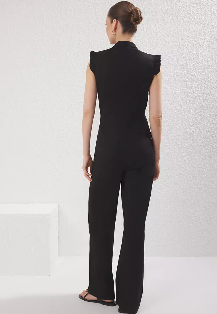 Black Ruffle and Button Detailed Long Woven Jumpsuit TWOSS22TU0253