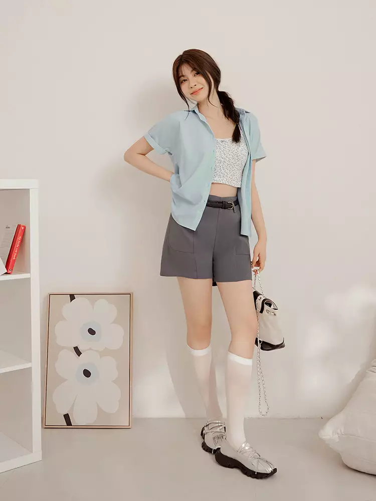 Wrinkle-resistant solid color short sleeve open-front shirt [AB19464]