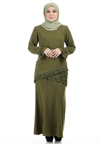 Hawa Kurung with Asymmetry Layered Pleated from Ashura in Green