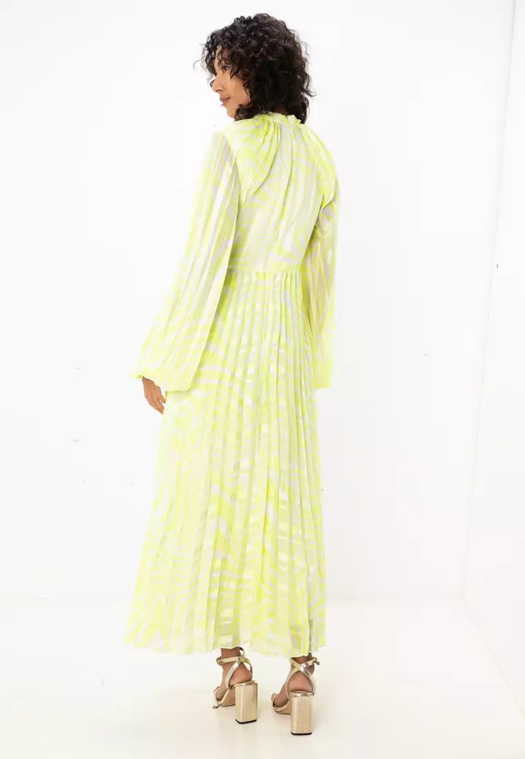 Knotted High Neck Cutout Pleated Midi Dress