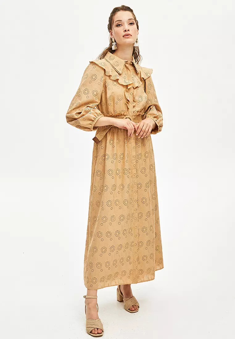 Buy KAYRA Scalloped Flounce Balloon Sleeve Dress Beige 2023 Online | ZALORA  Singapore