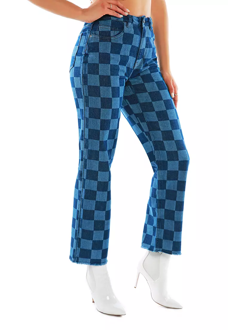 Blue Wide Leg Checkered Jeans Pants