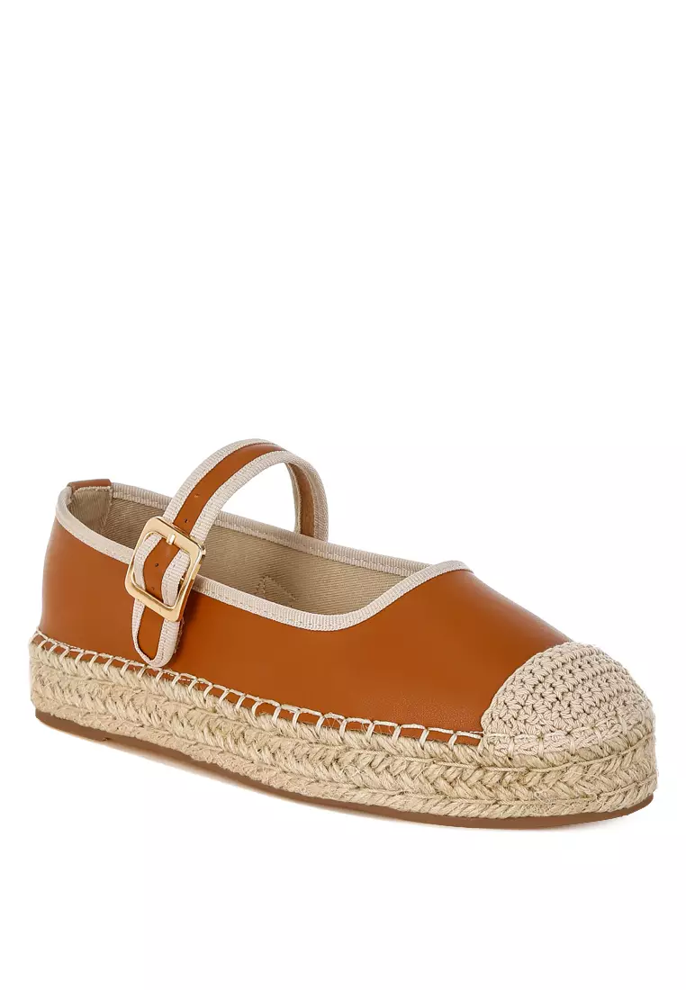 Genuine Leather Mary Jane Espradrilles in Tan
