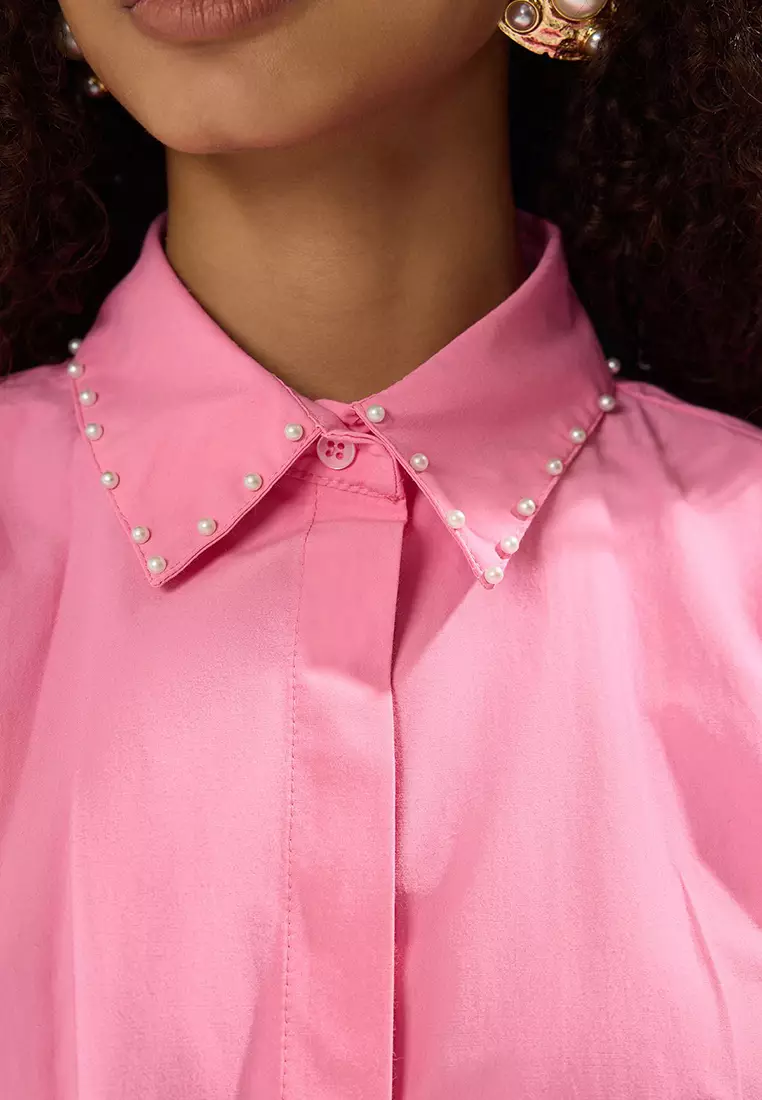 Pink Waist-Sit Pearl Detailed Woven Shirt Tctaw24Tg00027