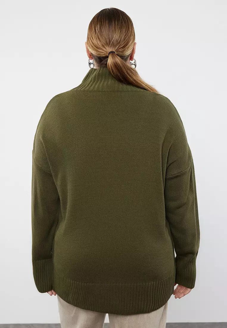 Khaki Turtleneck Off Shoulder Knitwear Sweater Tbbaw23An00136