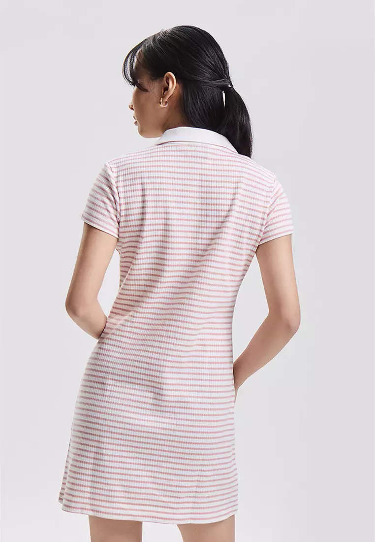 Short Sleeve Ribbed Knit Stripe Polo Dress