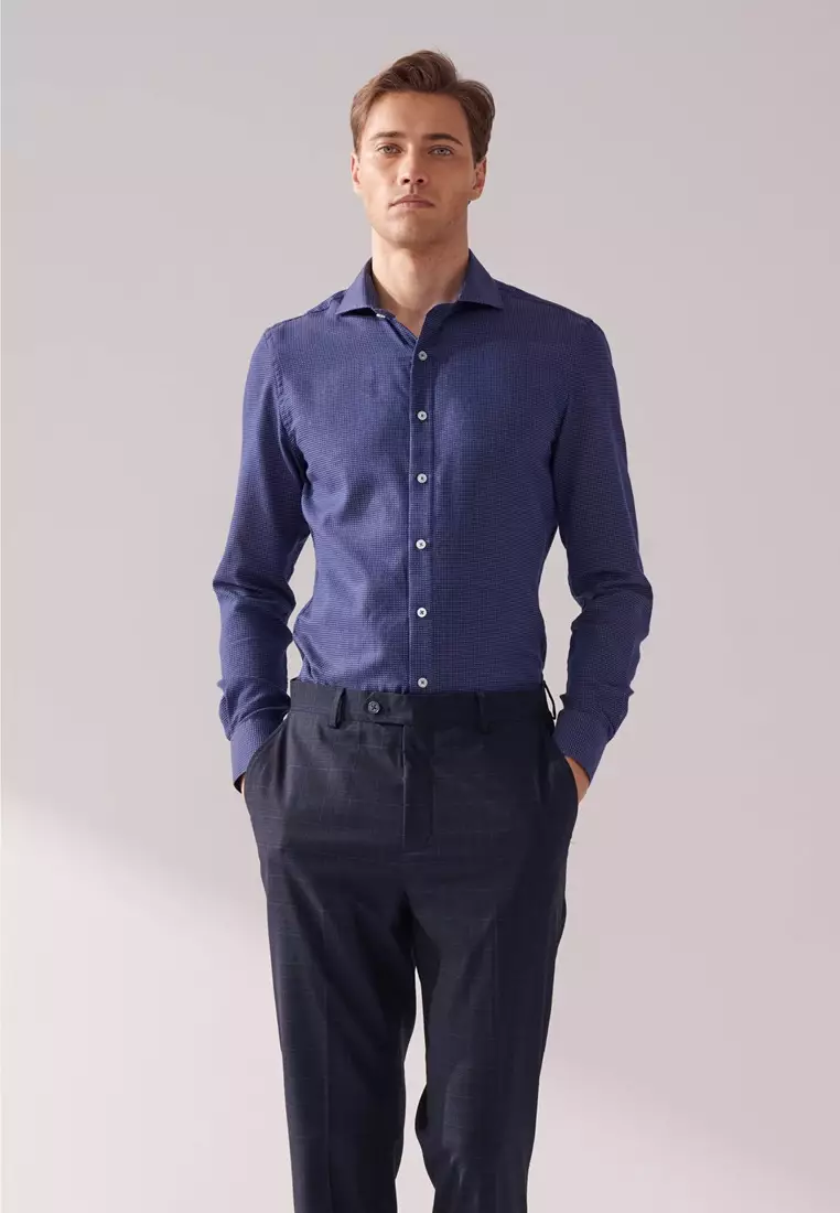 Dark Blue and White Textured Slim Fit Shirt
