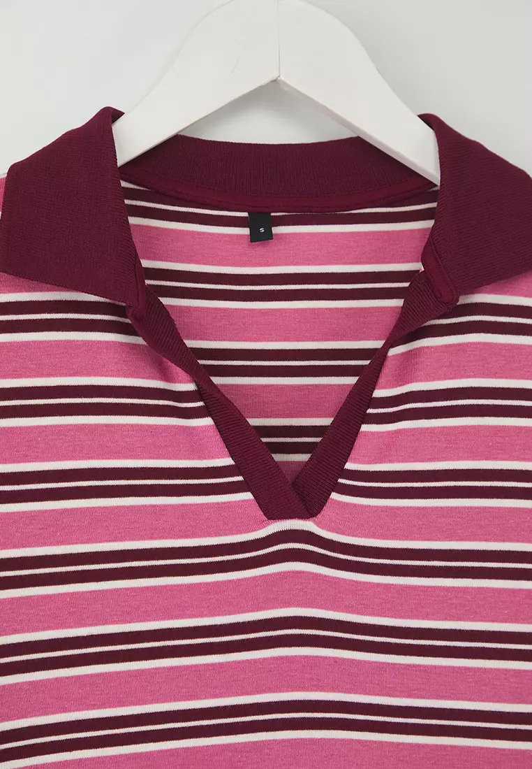 Teen Pink Striped Polo Neck Fitted/Body-Smoothing Knitted Blouse Twoaw26Bz00034
