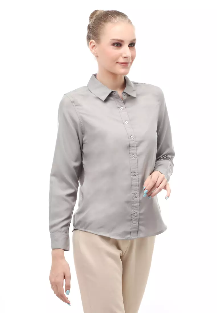 Kemeja Long Sleeves Atasan Wanita Motif Solid Shirt - Grey