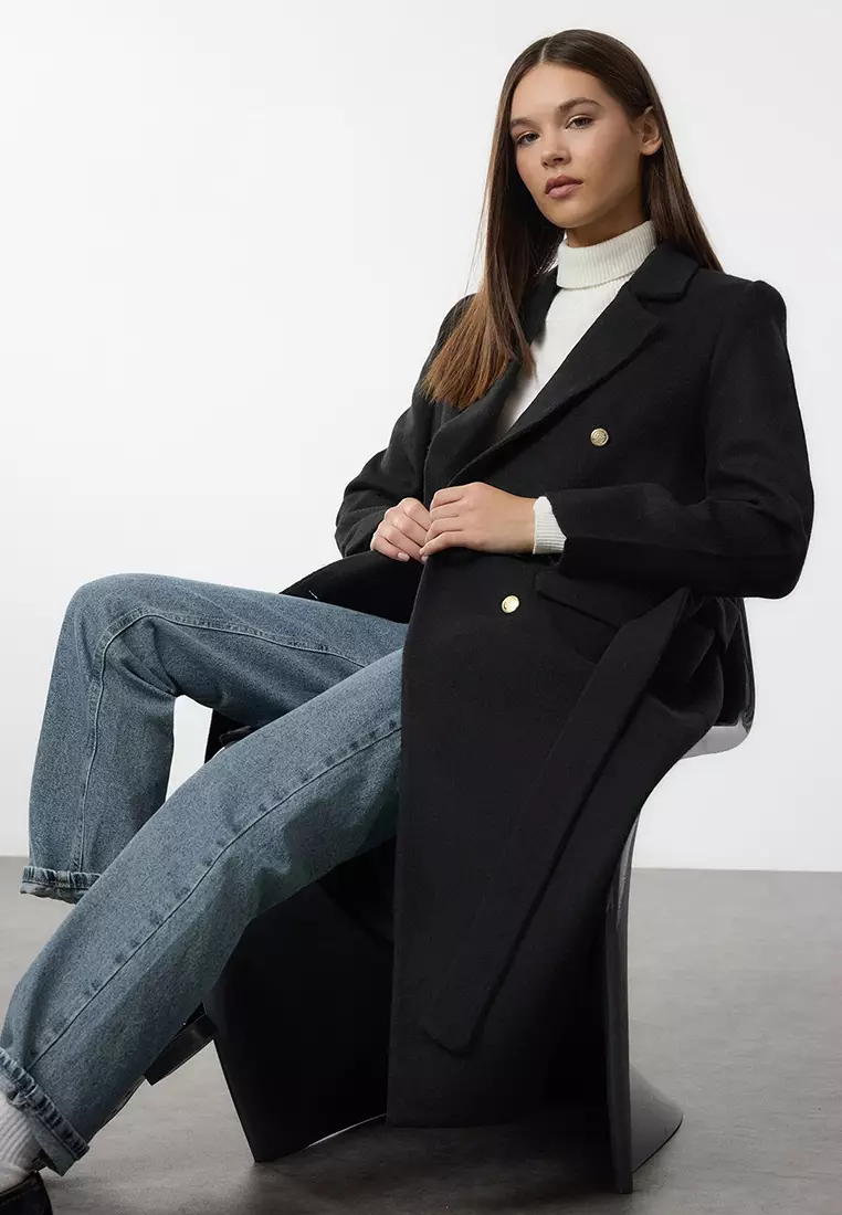 Black Fitted Belted Coat Twoaw24Kb00022