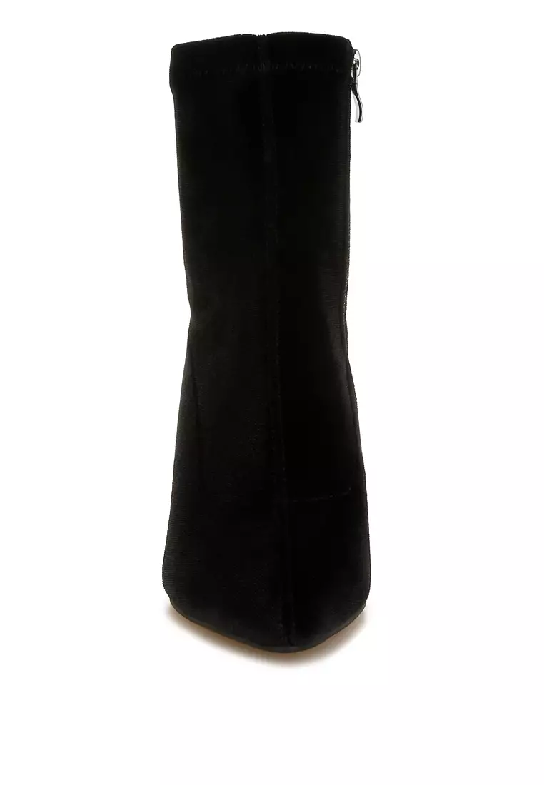 Black Flared Block Heel Velvet Boots